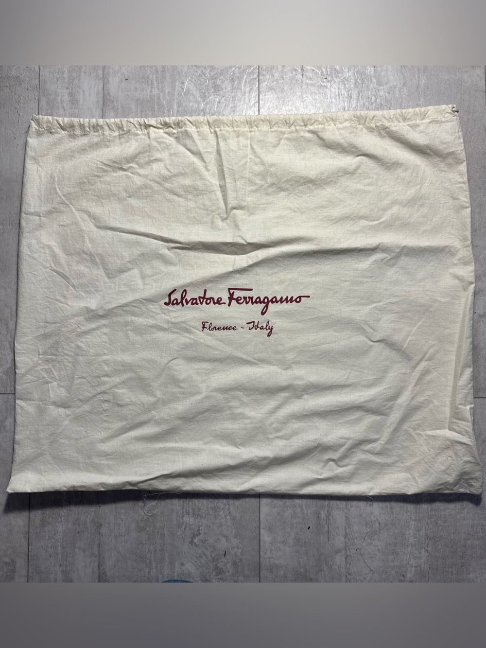 Salvatore Ferragamo Cream Dust Bag with Maroon Logo Script 23”x20”